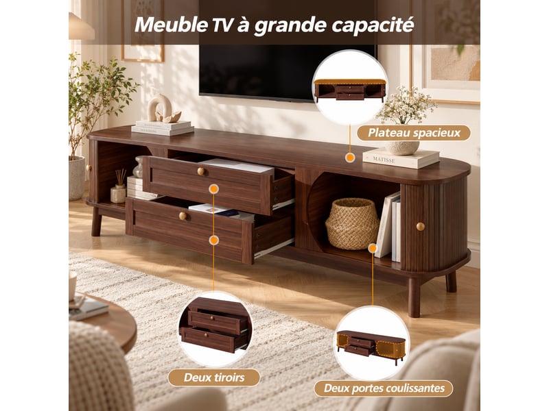  Meuble tv 170 cm avec tiroirs et rangements, coins arrondis et pieds en bois - effet bois  - Conforama B