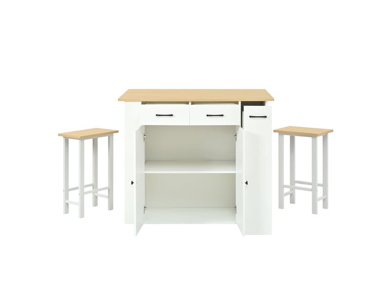  Îlot de cuisine avec deux chaises et plan de travail extensible, prises électriques intégrées, couleur blanche  - Conforama R