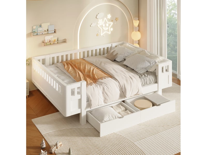  Lit enfant 140x200 cm, blanc, bois et mdf, doté de barrières hautes et de 2 tiroirs de rangement, sans matelas  - Conforama B