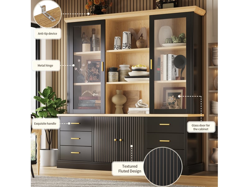  Buffet haut avec 6 tiroirs et portes vitrées, 140x40x185 cm, noir  - Conforama D