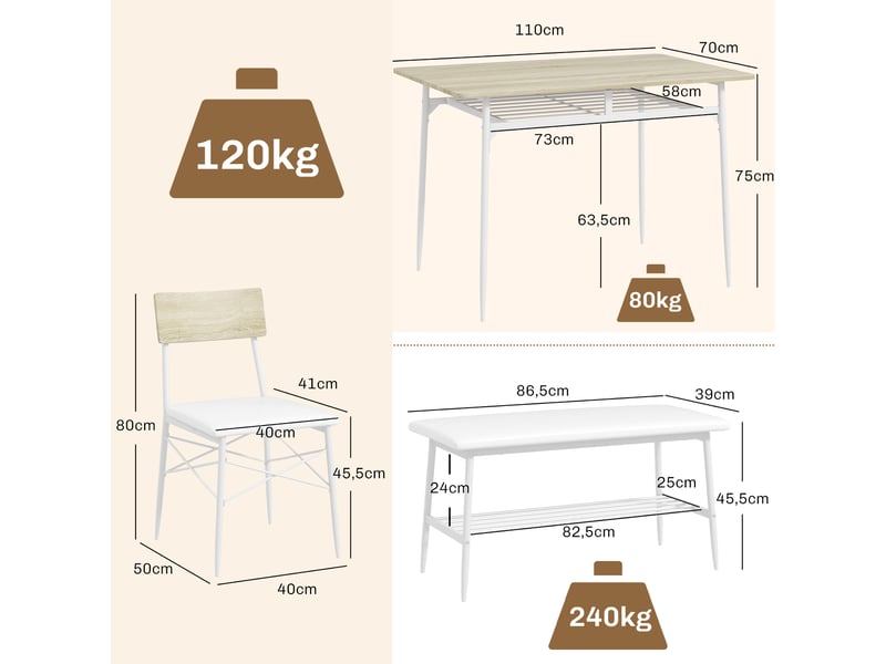  Ensemble de salle à manger 4 pièces avec table, chaises et banc pour 4 personnes, assises rembourrées, structure en acier, bois, chêne  - Conforama E