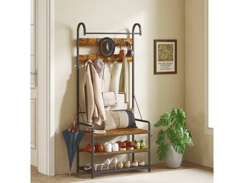  Porte-manteau d'entrée avec tringle, 10 crochets, banc et étagère à chaussures, en bois et métal, 80 x 40 x 182 cm, marron et noir  - Conforama C