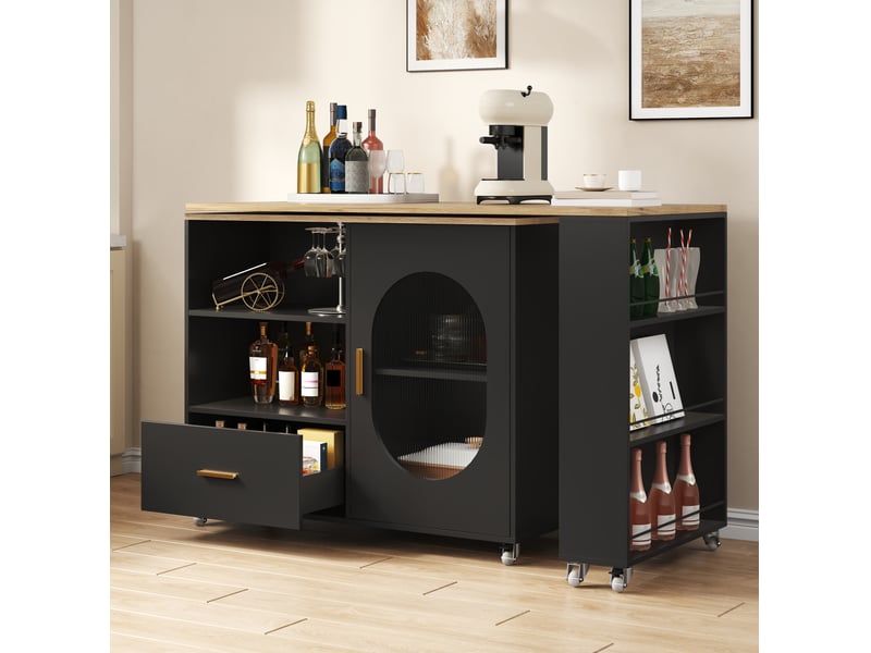  Îlot de cuisine 120x60x90 cm extensible avec 1 porte et 1 tiroir en plateau pivotant et mdf couleur naturel et noir  - Conforama D