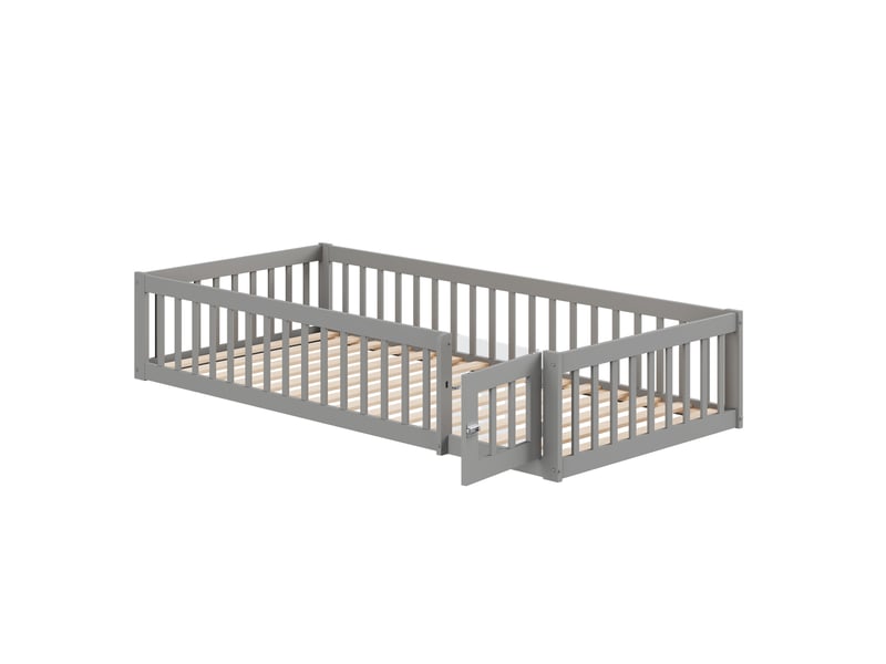  Lit enfant 90x200 cm avec étagère et penderie ouverte, barrière de sécurité, sommier à lattes, gris, sans matelas  - Conforama A