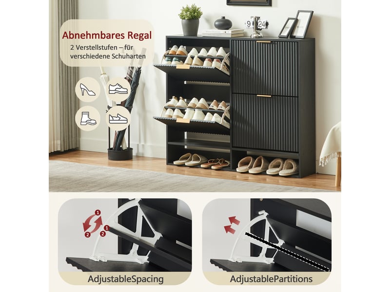 Meuble à chaussures étroit avec portes basculantes, 120 x 24 x 102 cm, mdf noir, façade rainurée - Conforama W