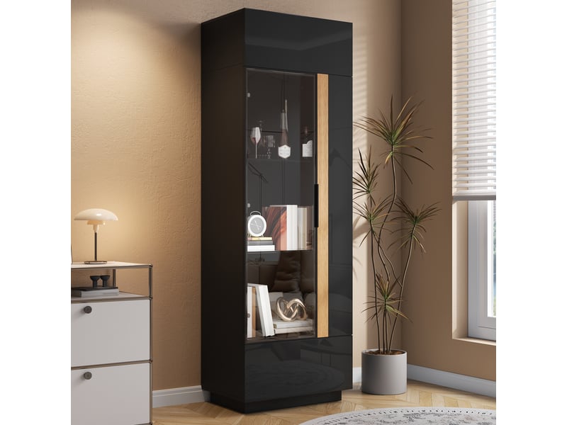  Vitrine haute 60x40x180 cm, éclairage led, commande par application, portes vitrées, grand rangement pour salon et séjour - noir  - Conforama D