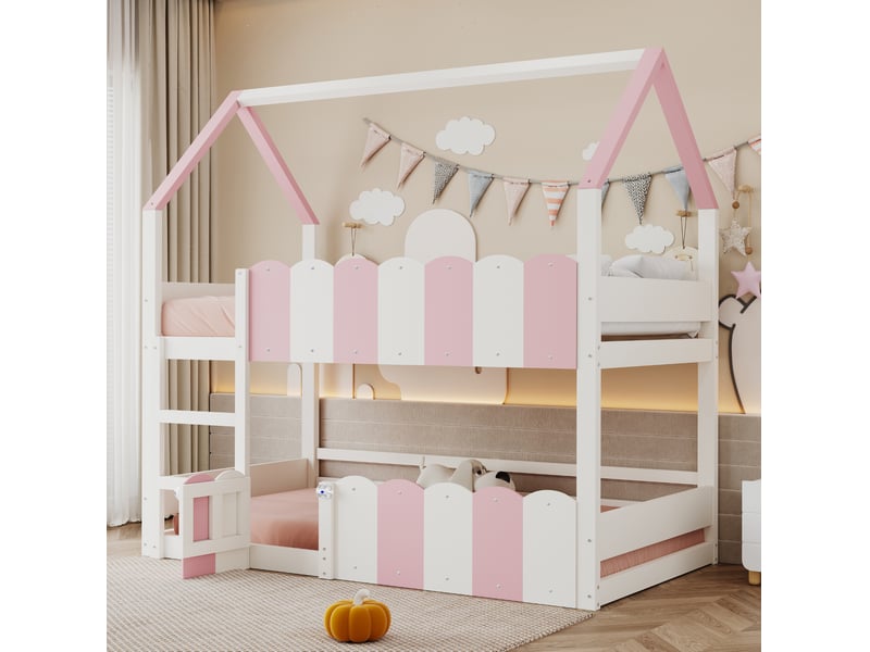  Lit superposé enfant 90x200 cm, forme de maison, barrières surélevées, un seul sommier, bois, blanc rose, sans matelas  - Conforama E