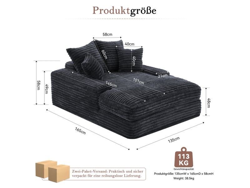  Méridienne modenvie en velours côtelé gris 135 x 165 cm avec 4 coussins  - Conforama C