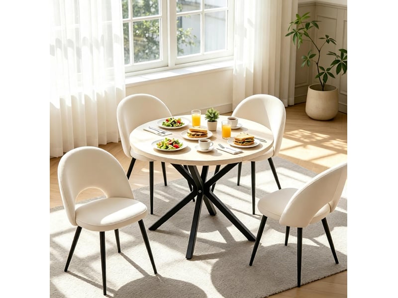 Table à manger ronde 100 cm, plateau mdf décor imitation pierre et piètement noir - Conforama D