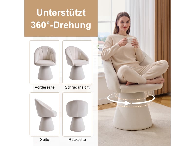  Fauteuil de table pivotant 360°  56x57x80cm - avec dossier rond ergonomique et base conique rembourrée - chenille - beige  - Conforama D