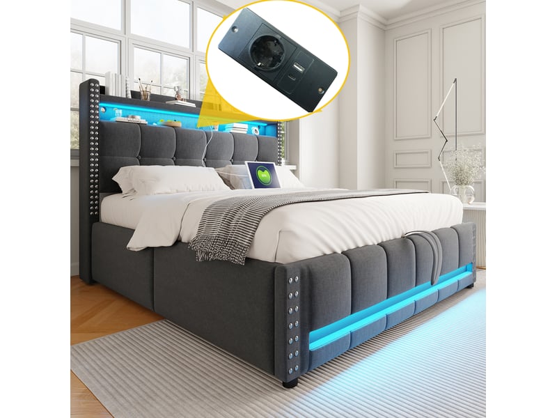  Lit coffre 160 x 200 cm gris en tissu de lin avec led et prise usb  - Conforama D