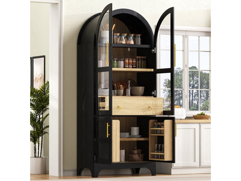  Buffet haut 76x40x180 cm en mdf et verre noir, avec tiroir et rangements, style moderne  - Conforama D