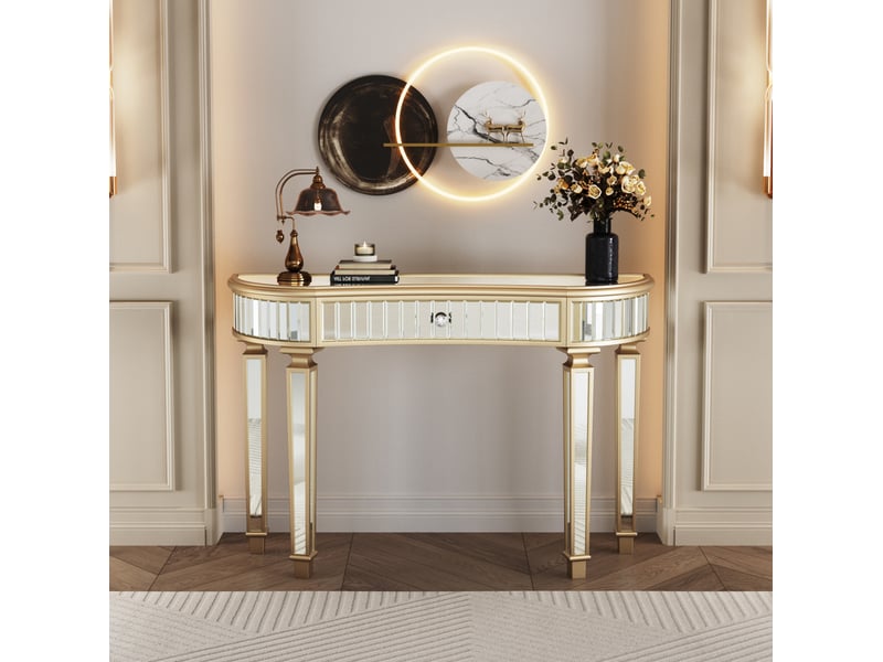  Console demi-lune miroir 120x38x78 cm avec tiroir mdf doré et argenté  - Conforama D