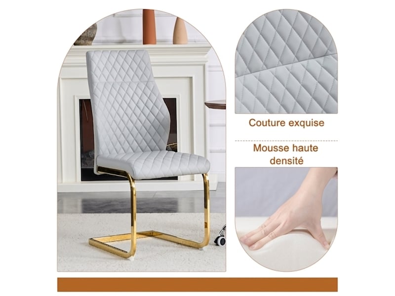  Ensemble table ronde ø85 cm et 4 chaises modernes, verre et assises gris clair, pieds dorés  - Conforama E
