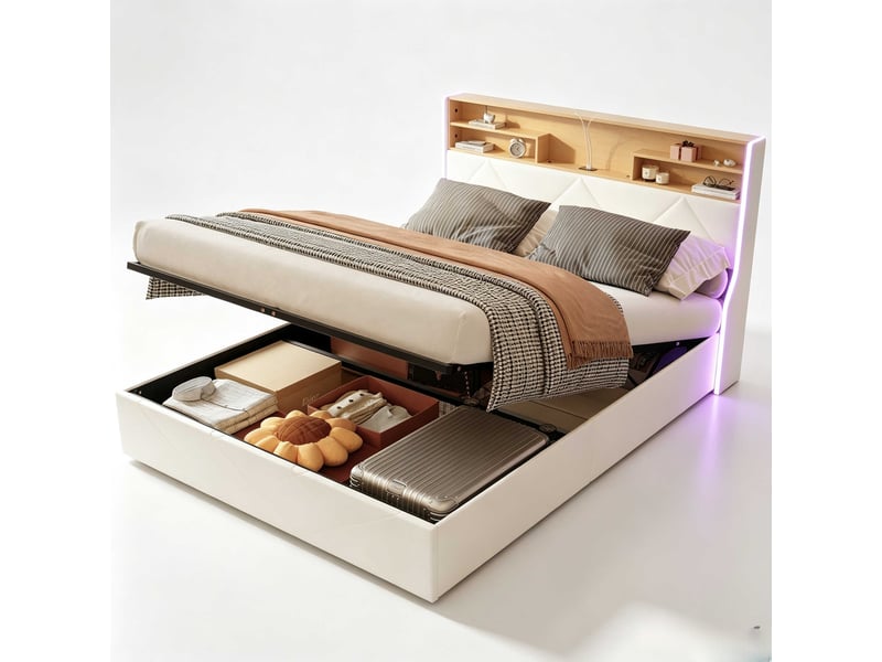 Lit coffre 140x190cm - lit 2 places - avec led - velours - beige, sommier à lattes (matelas non inclus)  - Conforama A