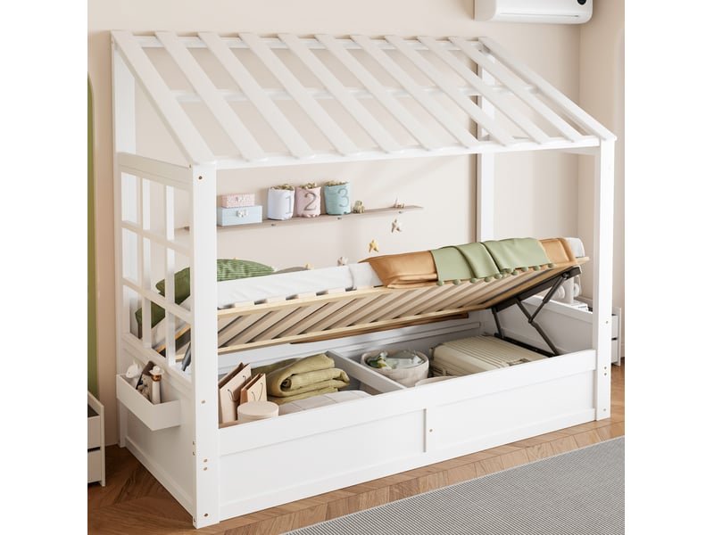  Lit cabane enfant modenvie 90 x 200 cm avec toit, fenêtre, coffre hydraulique et rangements latéraux, blanc  - Conforama D