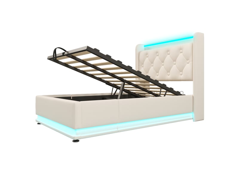  Lit 1 personne 90x200 cm avec matelas, structure de lit avec éclairage led et prise usb, blanc, lit enfant en pu  - Conforama B
