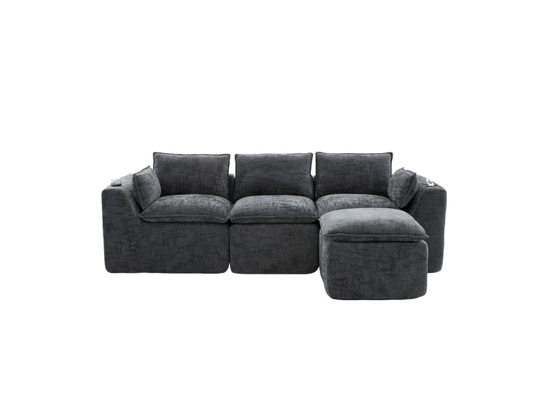 Canapé 3 places modulable gris foncé avec pouf - tissu chenille, porte-gobelet et poches - Conforama A