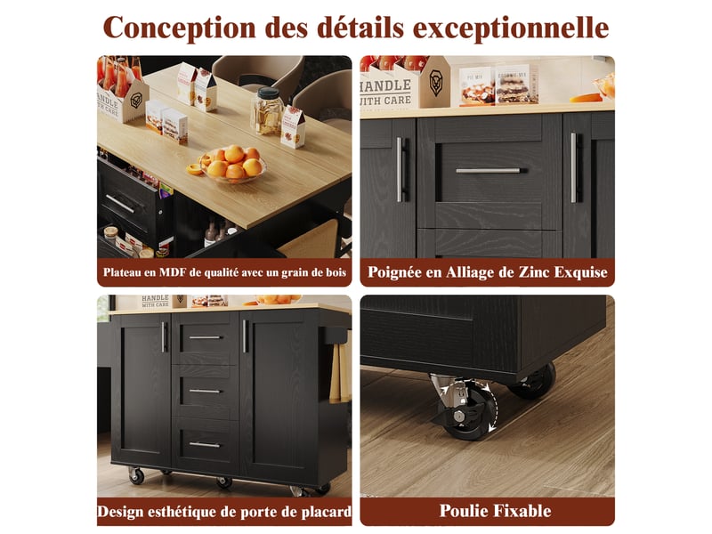 Îlot de cuisine 135x46x90.8cm, desserte avec 2 portes, 3 tiroris, plateau pliable, espace de rangement, roulette, mdf noir - Conforama C