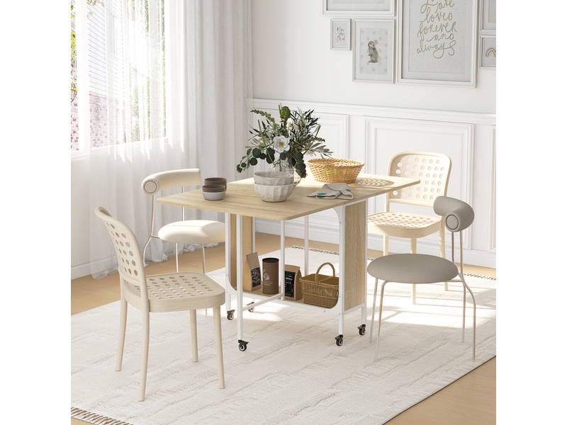  Table de cuisine pliante à roulettes avec abattant et étagère, table pliante pour salon, 130 x 80 x 74 cm, bois naturel  - Conforama C