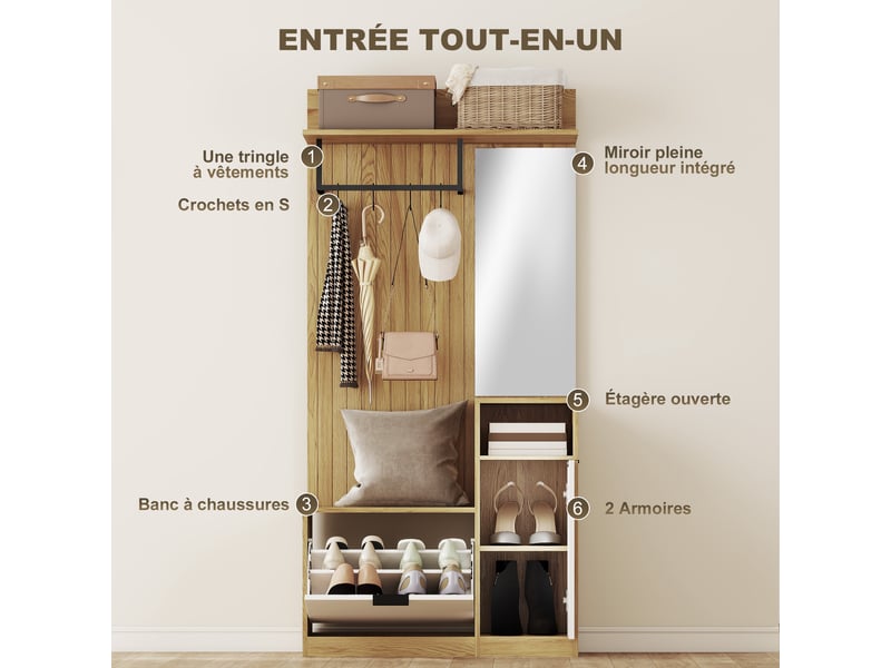  Meuble d'entrée 6 en 1, vestiaire d'entrée avec banc à chaussures rabattable, miroir, 80x36x168cm, chêne  - Conforama D