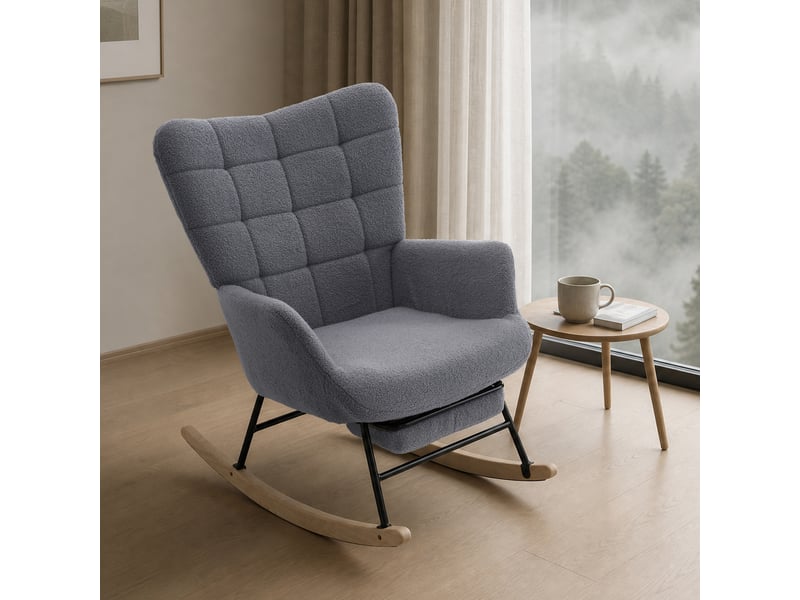  Fauteuil à bascule gris en tissu bouclé avec repose-pieds, dossier haut et coussin épais homvra  - Conforama C