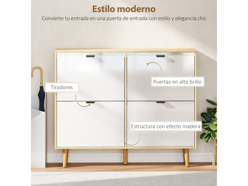  Meuble à chaussures étroit à 4 portes, blanc brillant, étagères réglables, pieds en bois, pour 20 paires de chaussures  - Conforama E