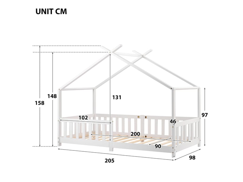  Lit enfant cabane 90x200 cm avec barrière de sécurité et sommier à lattes blanc  - Conforama C