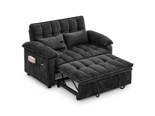 Canapé convertible 3-en-1 142 x 90 x 87 cm avec assise moelleuse, 2 coussins lombaires, tablette et porte-gobelet, chenille, noir