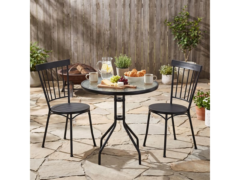  Table de jardin ronde en verre trempé de 70 cm avec structure métallique robuste et trou pour parasol noire  - Conforama B