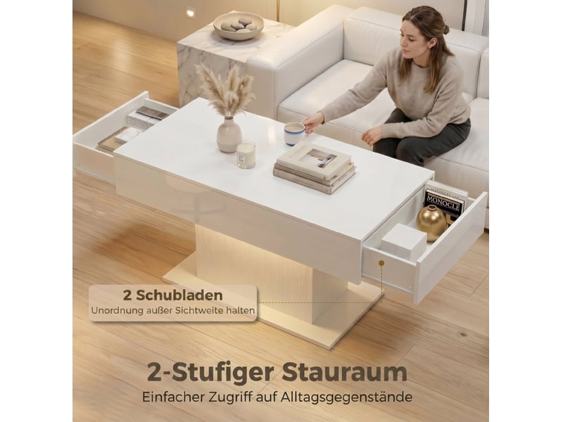  Table basse led avec rangement 108x48x55 cm, 2 tiroirs, télécommande, blanc brillant  - Conforama D