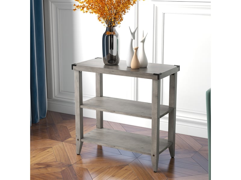  Lot 2 tables d'appoint farmhouse étroites, 3 niveaux, étagères ouvertes rangement, bois protections angle métal, salon chambre PHO_0XDKWDM2 - Conforama D