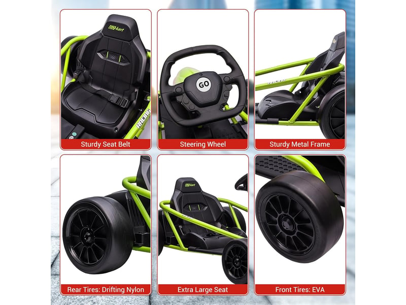  Kart électrique pour enfant 24 v, mode dérive, 2x300 w, siège réglable, mp3, 70 kg – vert PTO_0YXZO1HA - Conforama C