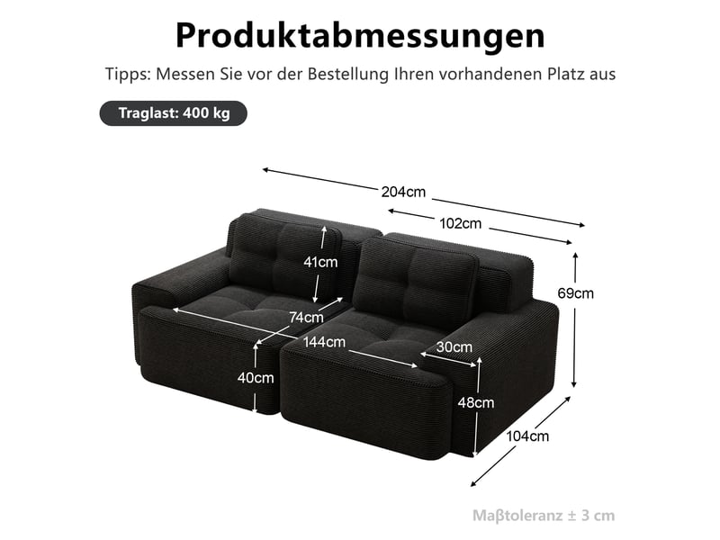  Canapé convertible, canapé-lit – 2 places, assise profonde, noir, sans cadre, style cloud, en velours tricoté  - Conforama D