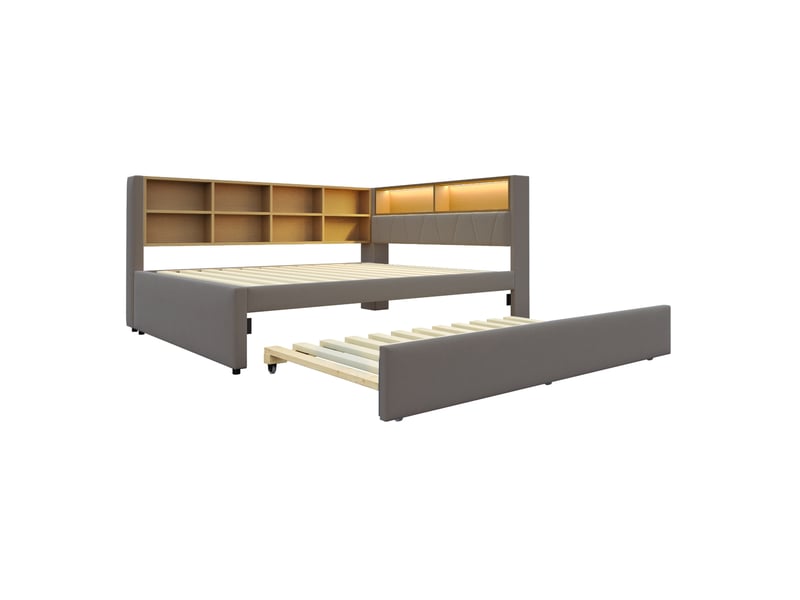  Lit banquette 140x200 cm – gris foncé – lit gigogne 90x190 cm, led, prises et rangements – sans matelas  - Conforama D