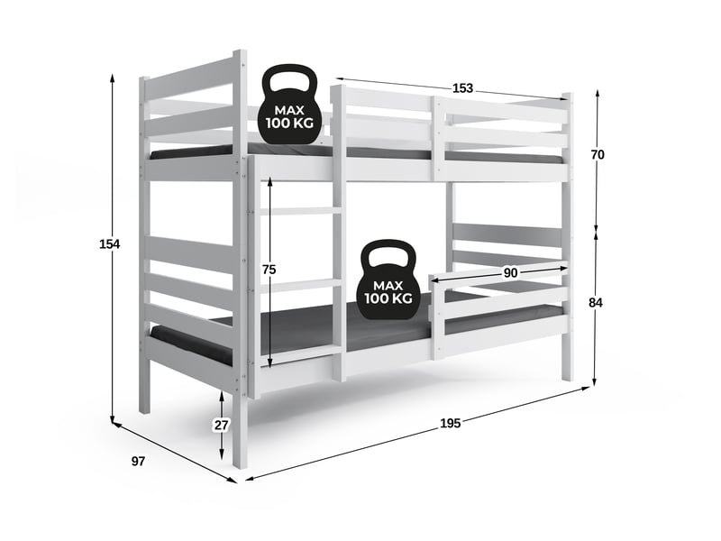  Lit superposé séparable 90x190 cm eric interbeds - bois massif de pin avec barrière et sommier - blanc  - Conforama C
