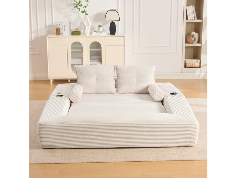  Canapé convertible 2 places pliable avec poches latérales, porte-gobelets et coussins en velours côtelé beige  - Conforama E