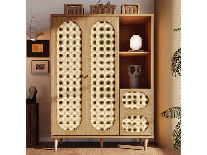  Armoire 2 portes et 2 tiroirs avec étagères, 120x48x161 cm, finition chêne  - Conforama D
