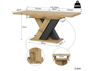 Table à manger extensible,119-158,5x80 cm,avec pieds en x,mdf,noir