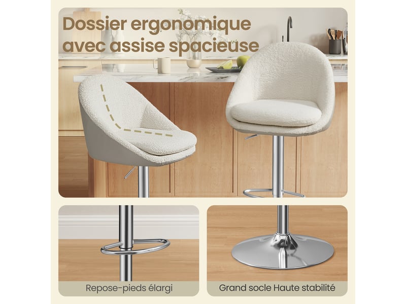 Tabouret de bar lot de 2, chaise pour ilot central pivotante, 50 x 51,5 x 84-98,5 cm, blanc et argent - Conforama E