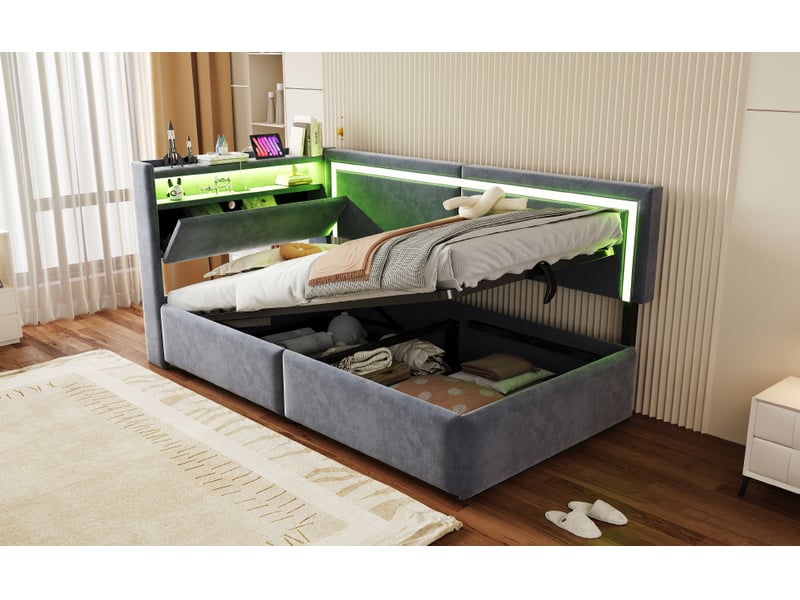  Canapé-lit rembourré 90x200 cm avec led et port usb, lit simple avec tête de lit en velours, gris foncé, lit enfant à vérin  - Conforama W