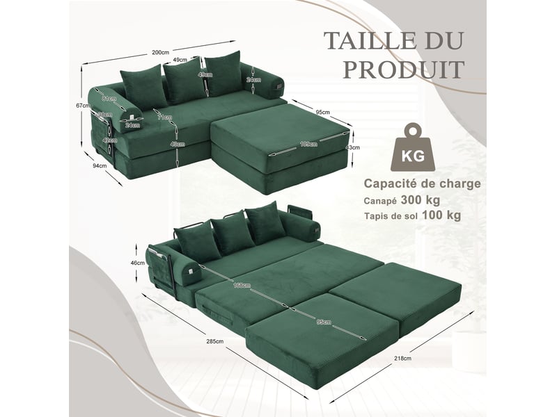 Canapé modulable 3 places modenvie en velours côtelé vert émeraude avec pouf et poche latérale 200 x 190 cm - Conforama C