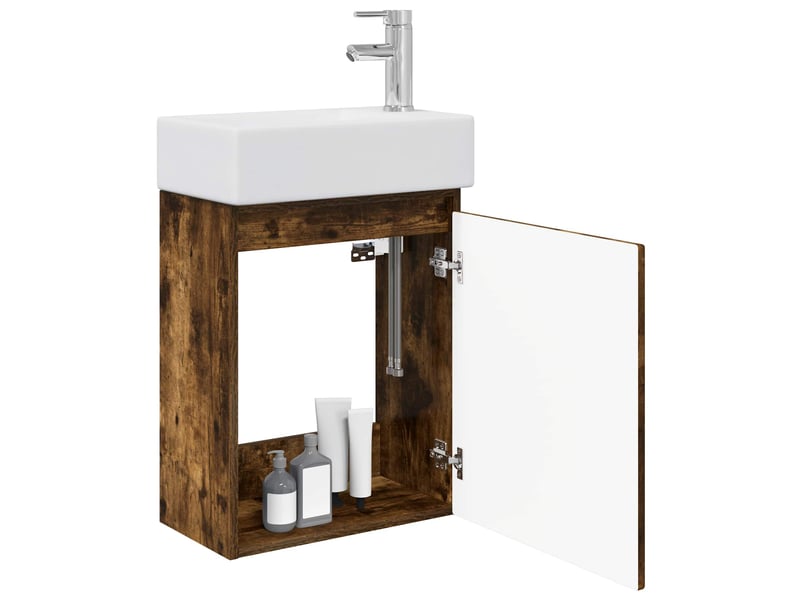  Meuble de rangement salle de bain avec robinet chêne fumé shl6772  - Conforama C