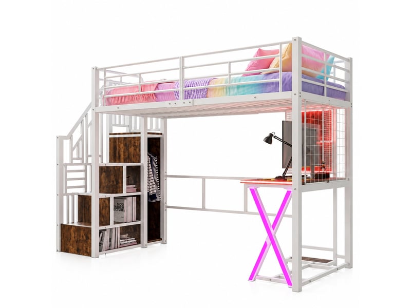  Lit mezzanine 90x200 cm avec bureau, armoire, rangements et led blanc  - Conforama A