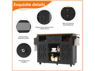 Îlot de cuisine noir, desserte à roulettes avec tiroirs et plateau pliable. Sans matelas inclus.