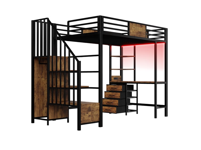  Lit mezzanine noir 90x200cm avec rangement, armoire, bureau et étagères, éclairage led, confort durable - fer - pour enfant ado  - Conforama C