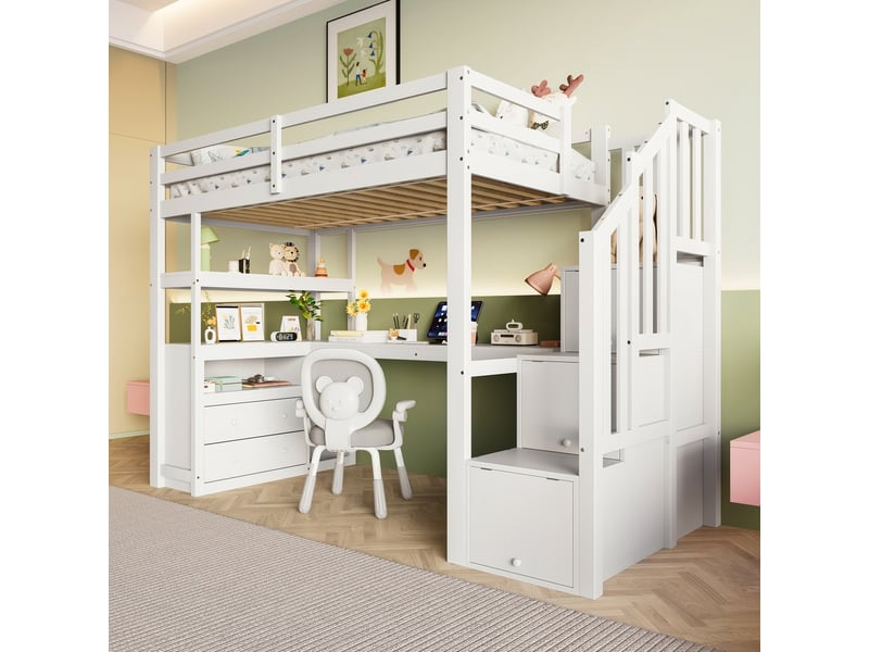  Lit mezzanine 90x200cm avec bureau échelle rangement tiroirs blanc  - Conforama B