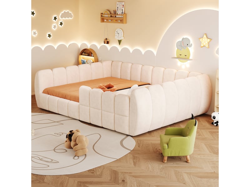  Lit enfant 140x200 cm au sol avec tête de lit rembourréee lit double bas aux formes arrondies en tissu rembourré beige  - Conforama B