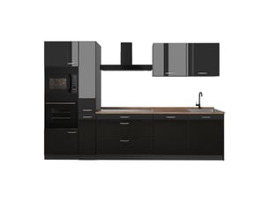 Vicco cuisine, noir haute brillanceanthracite, 310cm plan de travail chêne doré