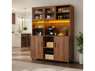 Armoire haute 120x40x185 cm, avec led, buffet de cuisine, portes coulissantes en verre, style rétro, mdf, coloris noyer